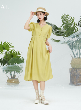 itREAL瑞尔夏季新款女士复古收腰V领短袖连衣裙显瘦通勤裙子
