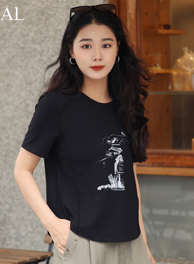 it'real瑞尔夏新款黑色正肩t恤女半袖上衣美式复古休闲短袖