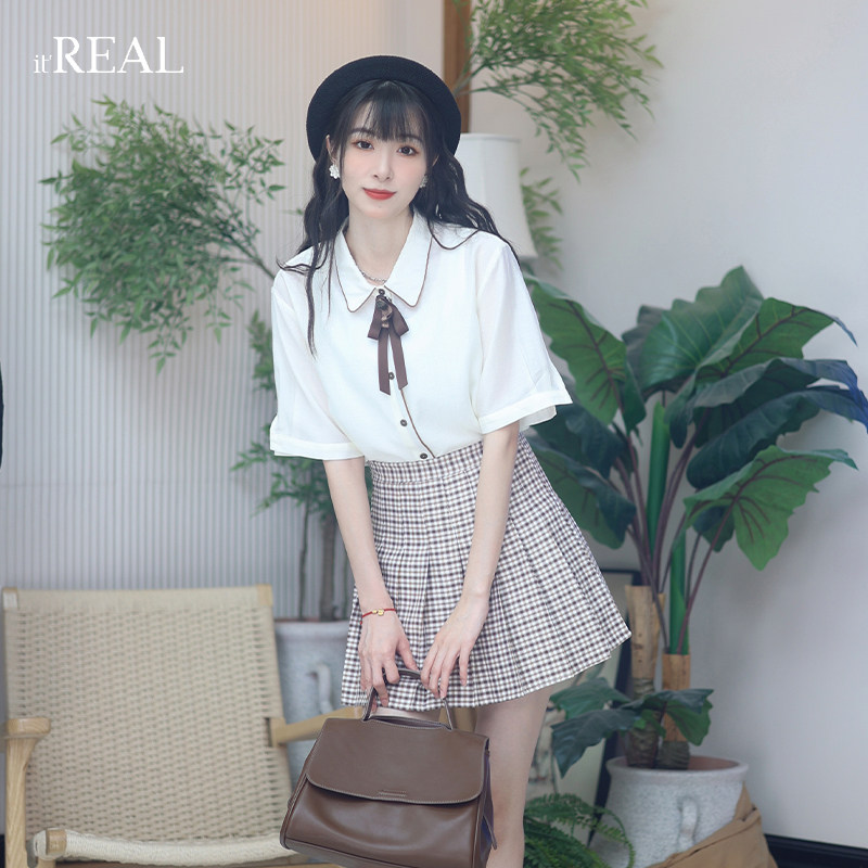 itreal瑞尔2023夏季文艺复古休闲女士短袖设计师款学院风宽松衬衫