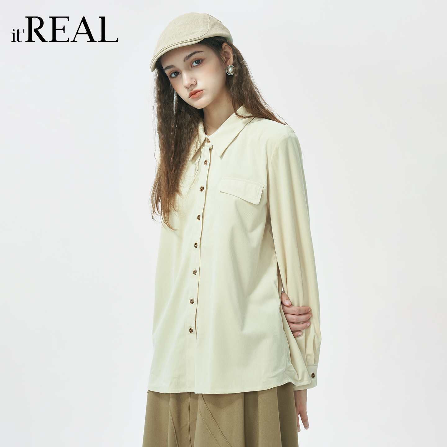 翻领绒面百搭长袖衬衫上衣