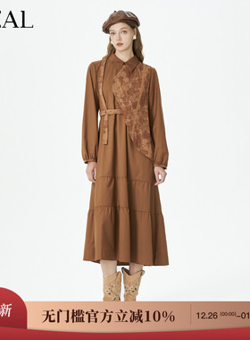 it'real瑞尔秋季新款复古设计感显瘦假两件中长款长袖连衣裙