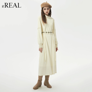 it'real瑞尔冬季新款法式浪漫收腰A字显瘦长袖连衣裙