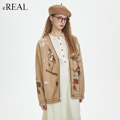 it'real瑞尔春季新款复古风宽松慵懒感长袖针织外套女装上衣