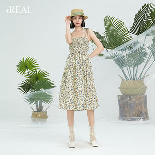 itREAL瑞尔夏季新款女士碎花吊带连衣裙复古收腰显瘦中长裙子