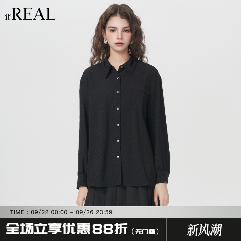 春秋新款黑色简约衬衣上衣女
