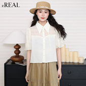 衬衣短袖 上衣 法式 尖领花苞袖 real瑞尔夏季 新款