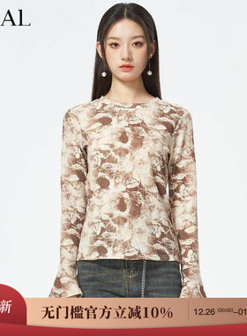 it'real瑞尔秋新款小众复古打底衫女晕染氛围感独特长袖T恤上衣