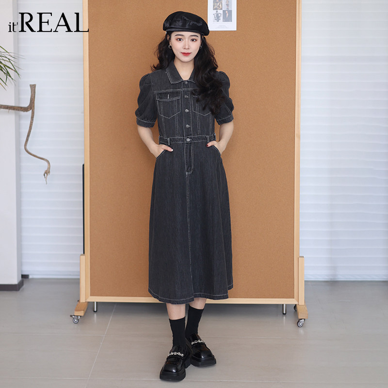 it'real瑞尔女夏季新款法式收腰显瘦复古牛仔连衣裙