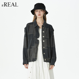 复古休闲慵懒感拼色牛仔长袖 新款 外套上衣女 real瑞尔秋季