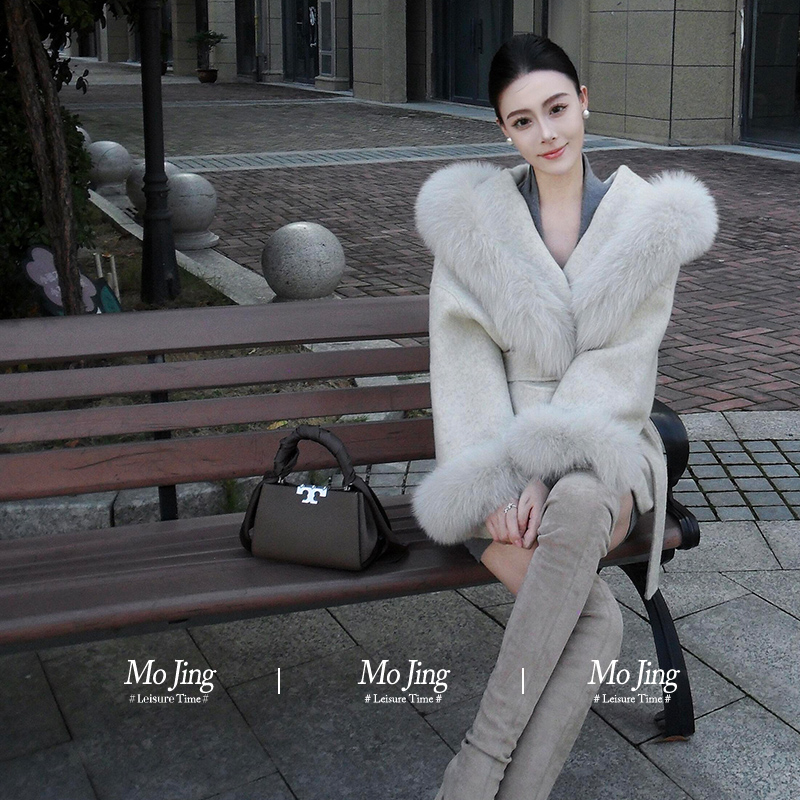 千金感狐狸毛领连帽大衣毛呢外套