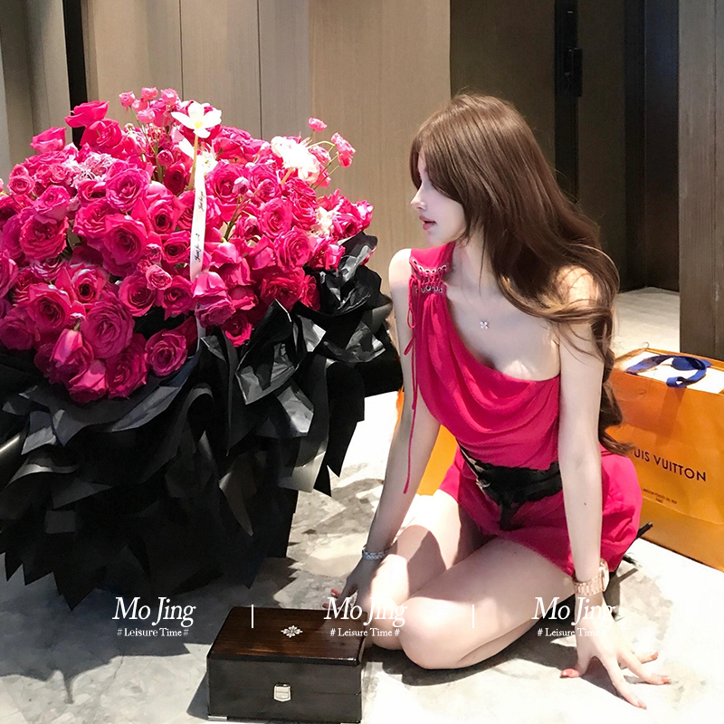 斜肩连衣裙名媛生日party小礼服