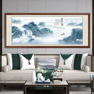 新中式山水国画流水生财挂画沙发背景墙装饰画大气风景办公室壁画