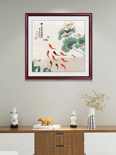 新中式正方形九鱼图玄关挂画客厅沙发背景墙装饰画中国风禅意壁画