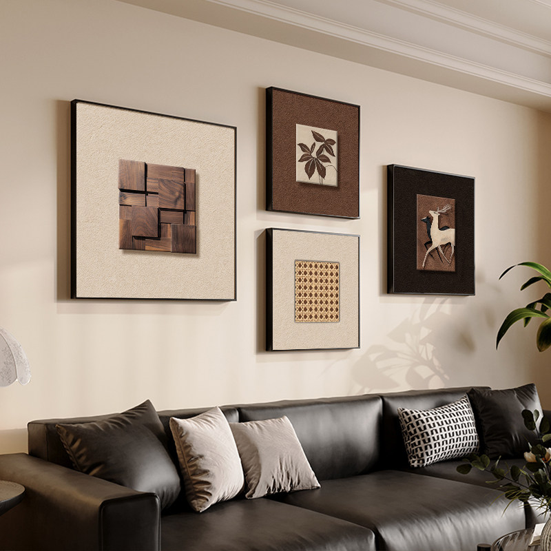 中古风挂画法式复古组合客厅装饰画立体砂岩高级感沙发背景墙壁画