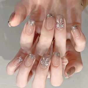 高级美甲贴片手工魔镜蝴蝶气质鎏金假指甲成品新娘婚甲穿戴甲短款