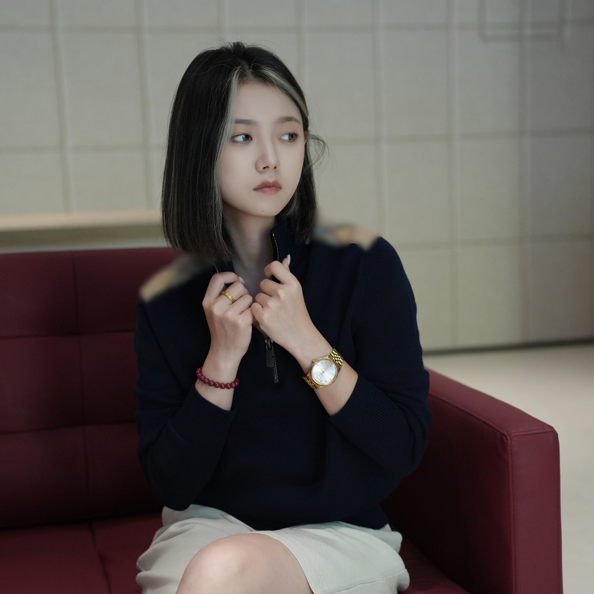 SeasonMark半拉链立领羊毛针织衫女经典格纹拼接肩部轻奢打底毛衣