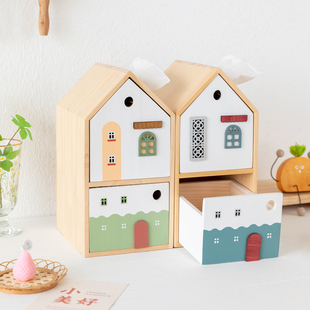 阿楹 饰礼物 创意有趣桌面纸巾盒小房子笔筒棉签收纳柜摆件儿童装