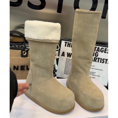 现货版~羊羔毛两穿翻边厚底长筒雪地靴女加绒加厚高筒靴保暖棉靴