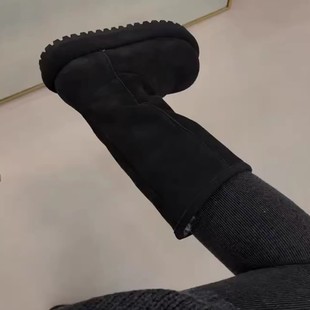 现货版 毛毛靴 复古厚底加绒黑色靴子女两穿可翻折长筒雪地靴新款