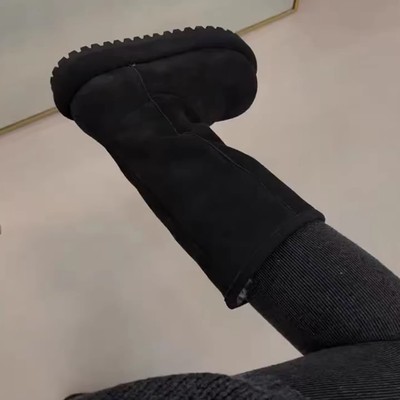 现货版~复古厚底加绒黑色靴子女两穿可翻折长筒雪地靴新款毛毛靴