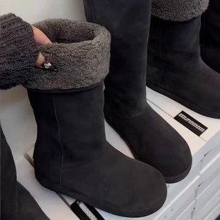 骑士靴 羊羔毛翻边长筒雪地靴新款 现货 韩系两穿加绒毛毛靴子冬季