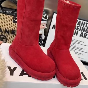 毛毛靴 羊羔毛两穿红色靴子新款 牛皮版 欧货厚底长筒雪地靴女冬季