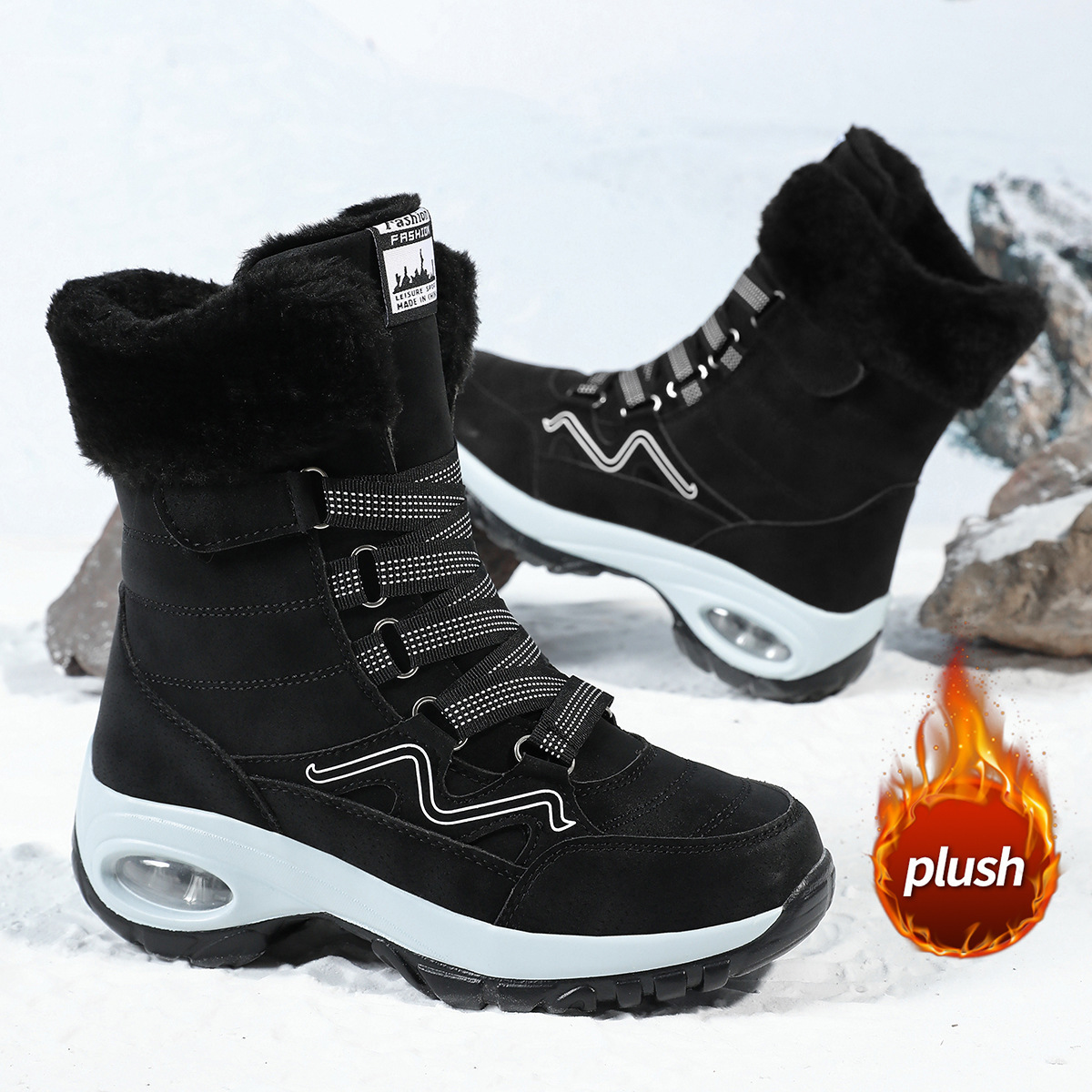 亚马逊跨境joom大码绒女鞋高帮雪地靴厚底坡跟气垫皮面保暖棉鞋子