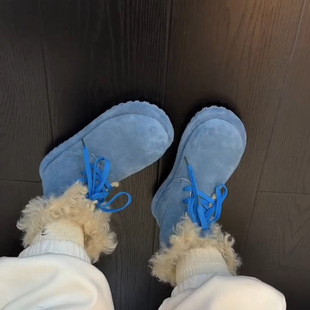现货版 毛毛靴 设计感蓝色靴子两穿可翻折巨好看厚底雪地靴女冬季