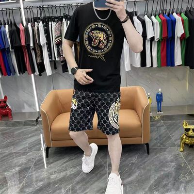 冰丝休闲套装男夏季潮流时尚烫钻虎头圆领T恤薄款短袖短裤两件套