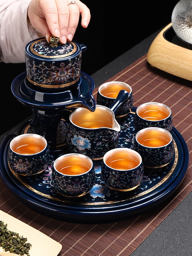 康乐品鎏银茶具套装家用办公时来运转石磨茶盘自动泡茶壶功夫茶杯