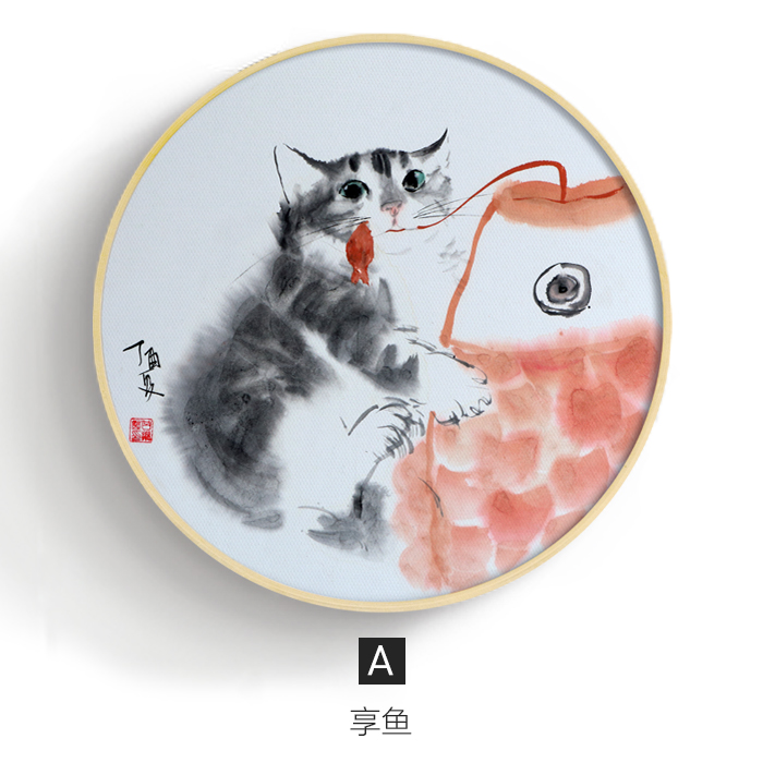 新款贪睡的咪猫 日式原木风装饰画圆形客厅挂画壁猫画北欧餐厅玄图片