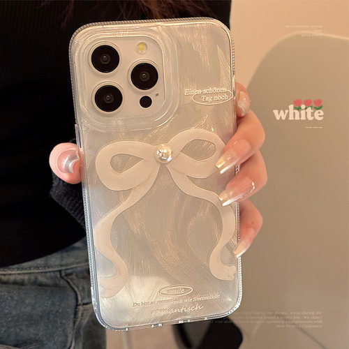 AceCase小清新镭射奶白立体珍珠蝴蝶结手机壳苹果15promax适用iphone13防摔12羽纱14文艺少女11硬