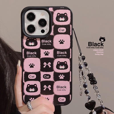 黑粉格子猫咪苹果15手机壳11适用iPhone13皮质14promax挂绳12甜酷少女