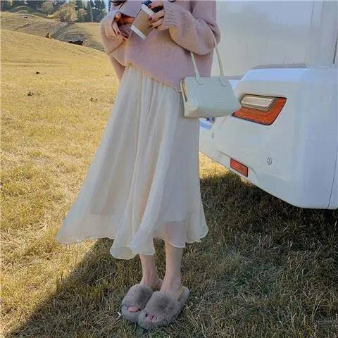 欧根纱不规则半身裙女春夏小个子高腰a字裙洋气百褶中长裙子女装