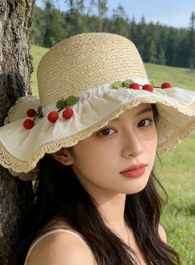 法式草编蕾丝樱桃草田园帽夏季海边度假沙滩帽子女时尚百搭遮阳帽