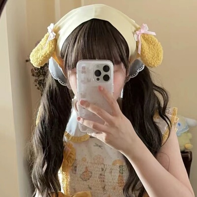 帽匠原创奶黄小狗甜美可爱法式田园头巾蕾丝海边百搭丝巾发带绑带