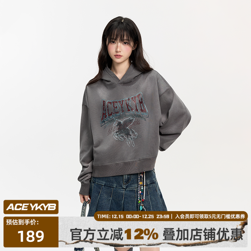 YKYB黄子韬 卫衣美式复古印花宽松百搭潮流黑色短款套头帽衫女秋