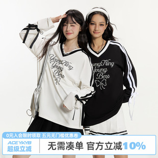 YKYB黄子韬 飘带v领烫钻珍珠百搭上衣 潮流小众蝴蝶结条纹长袖 T恤