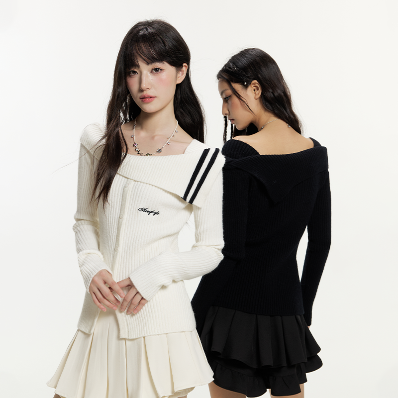 潮流设计感修身大翻领针织衫