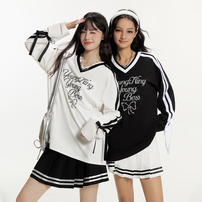 潮流小众蝴蝶结条纹长袖T恤