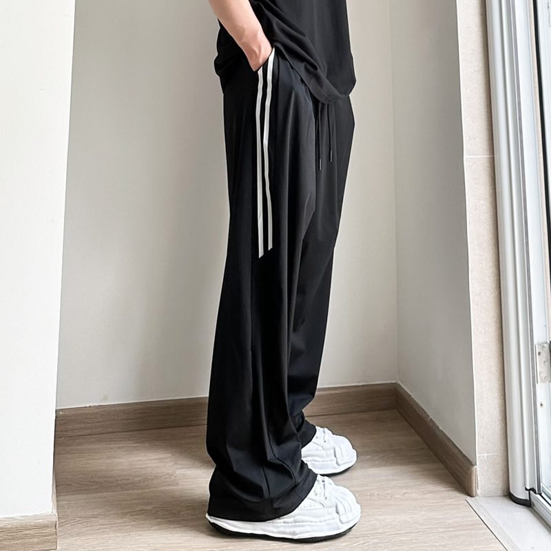 中腰街头直筒长裤条纹拼接