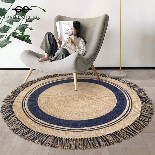 手编纯黄麻流苏款客厅圆地毯定制