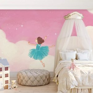 儿童房壁纸女孩卧室粉色爱心壁画公主房床头背景墙纸无缝墙布壁。
