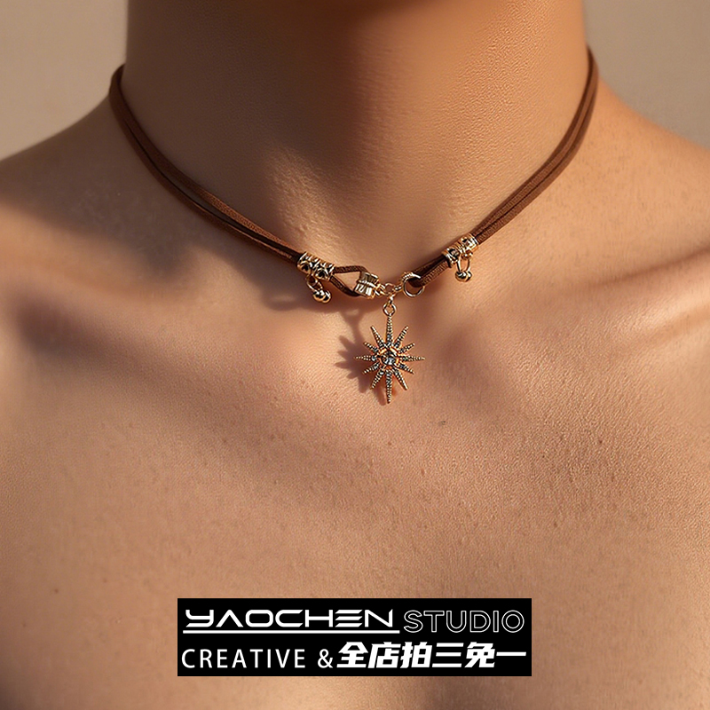 美拉德太阳花皮绳项链复古颈链