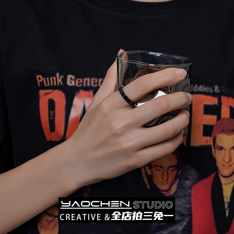黑色钛钢不掉色戒指简约百搭男女情侣ins小众高级潮酷个性指环