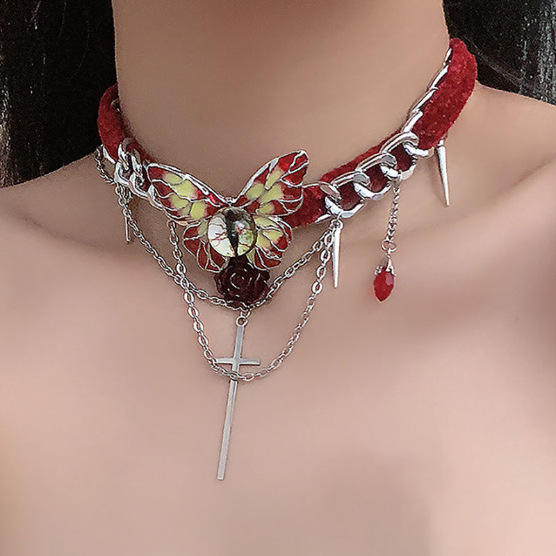 哥特风红色丝绒蝴蝶项链女