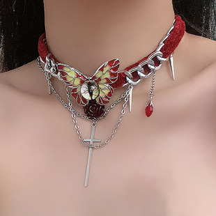哥特风红色丝绒蝴蝶项链女chocker颈链高级感轻奢小众设计锁骨链