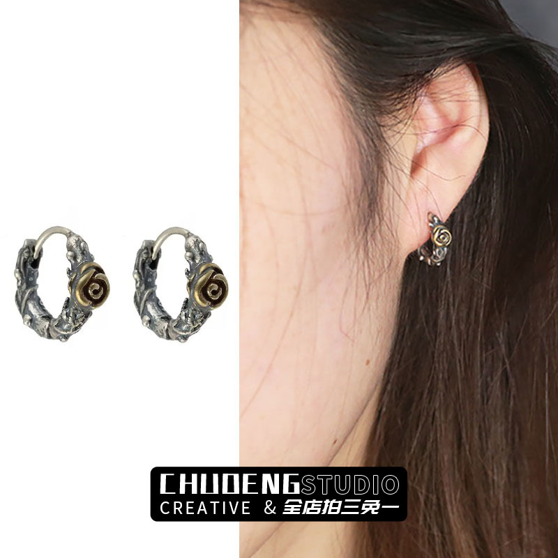 复古荆棘玫瑰花耳环女小众设计感