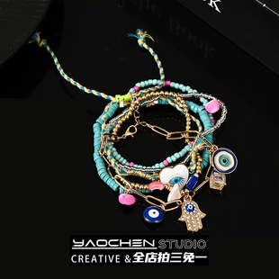 Vintage 古着【6条装】恶魔之眼串珠手链男女多层手串高级感手饰