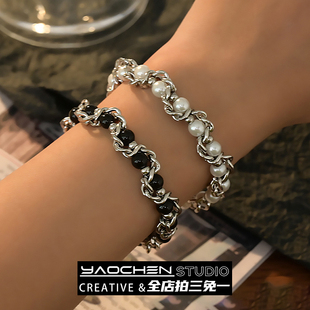 重工款 手链女小众设计感嘻哈冷淡风手串手腕饰品 串珠缠绕钛钢男款